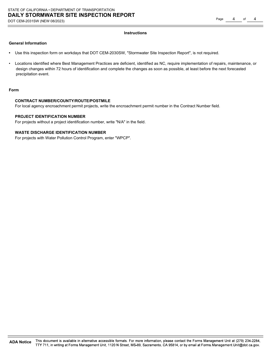 Form DOT CEM-2031SW Daily Stormwater Site Inspection - California, Page 4