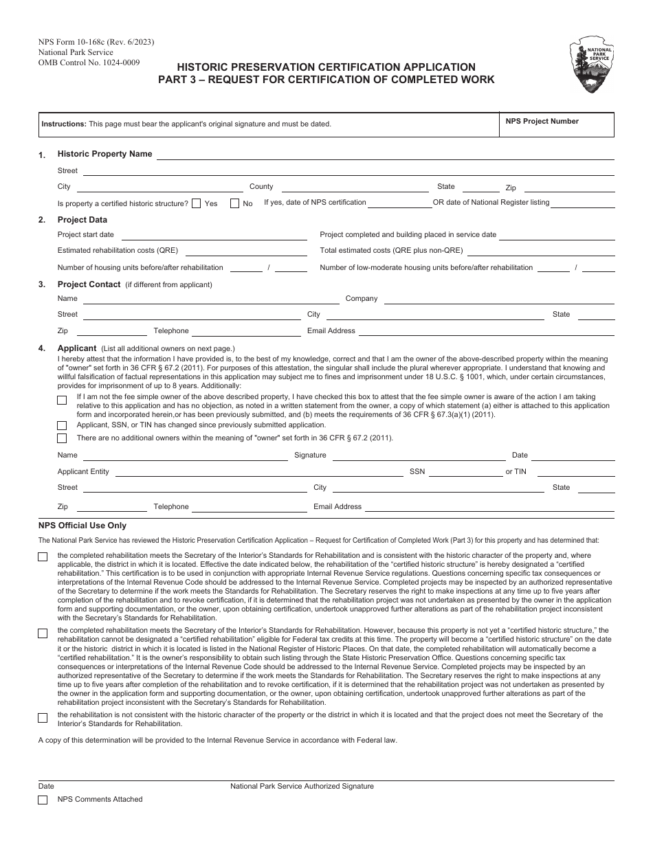 NPS Form 10-168C Part 3 Historic Preservation Certification Application - Request for Certification of Completed Work, Page 1