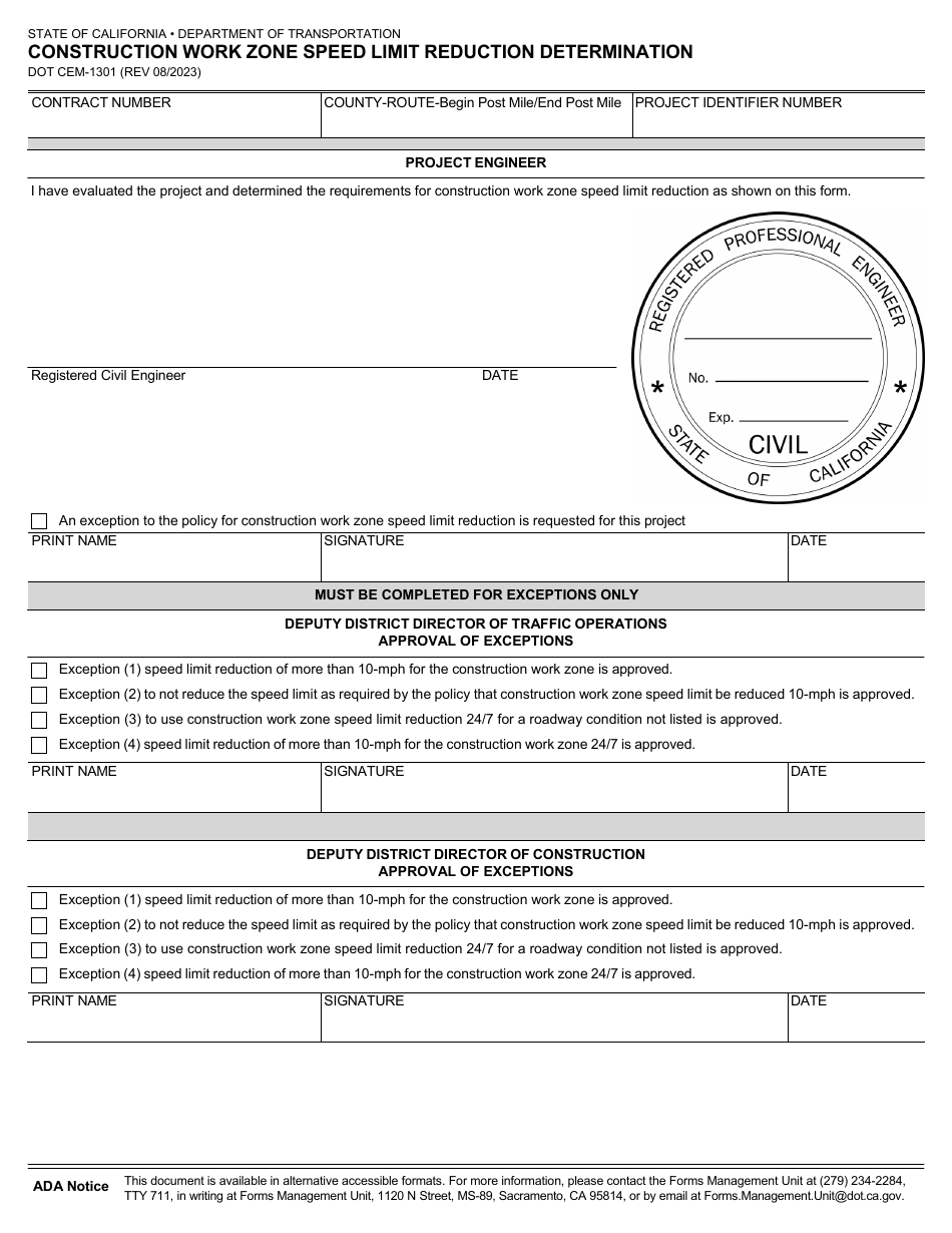 Form DOT CEM-1301 Construction Work Zone Speed Limit Reduction Determination - California, Page 3