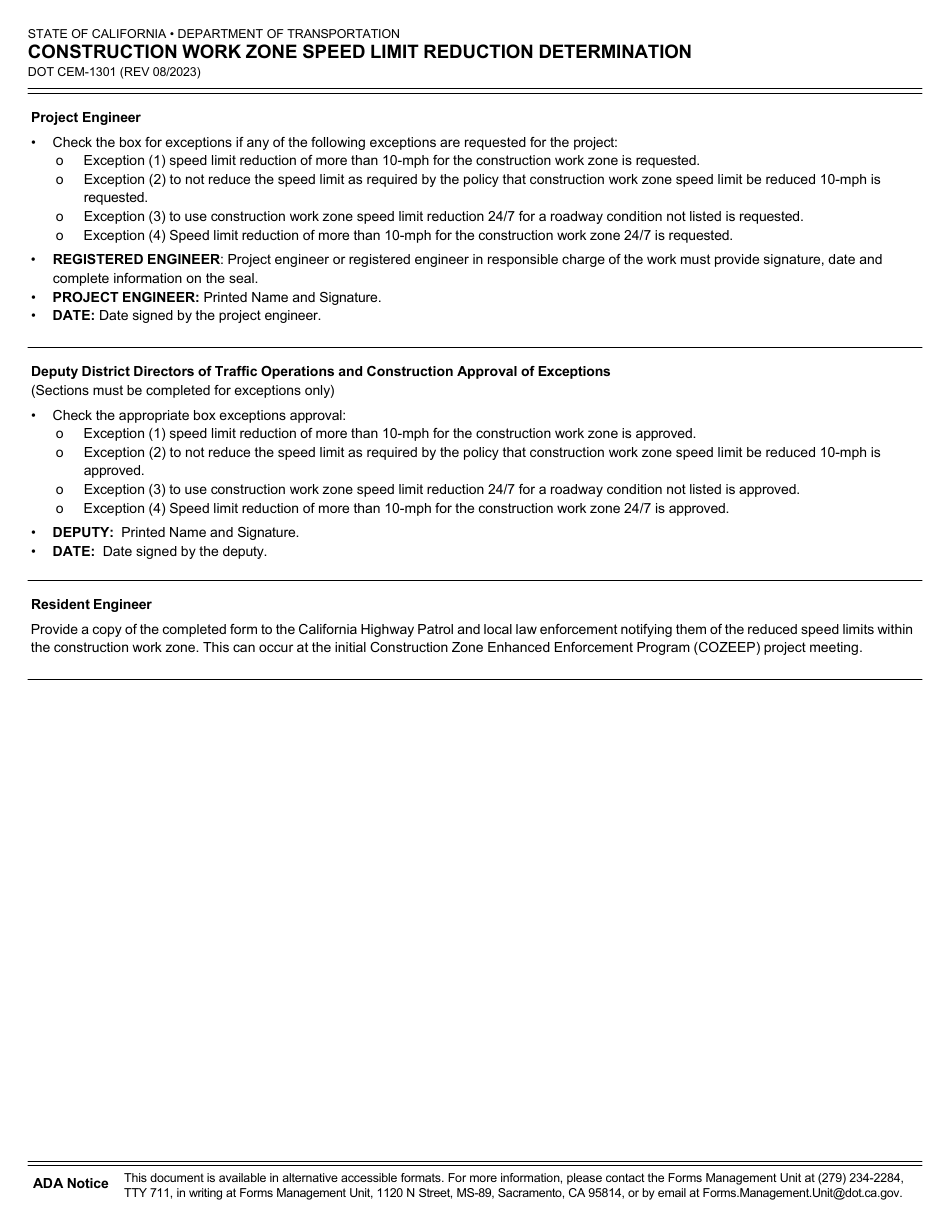 Form DOT CEM-1301 Construction Work Zone Speed Limit Reduction Determination - California, Page 5