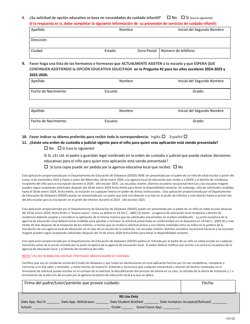 Solicitud Estandar De Opciones Educativas De Delaware - Delaware (Spanish), Page 2