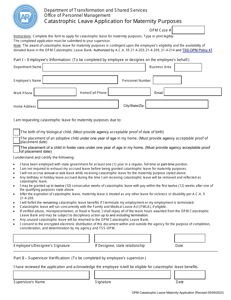 Catastrophic Leave Application for Maternity Purposes - Arkansas, Page 1