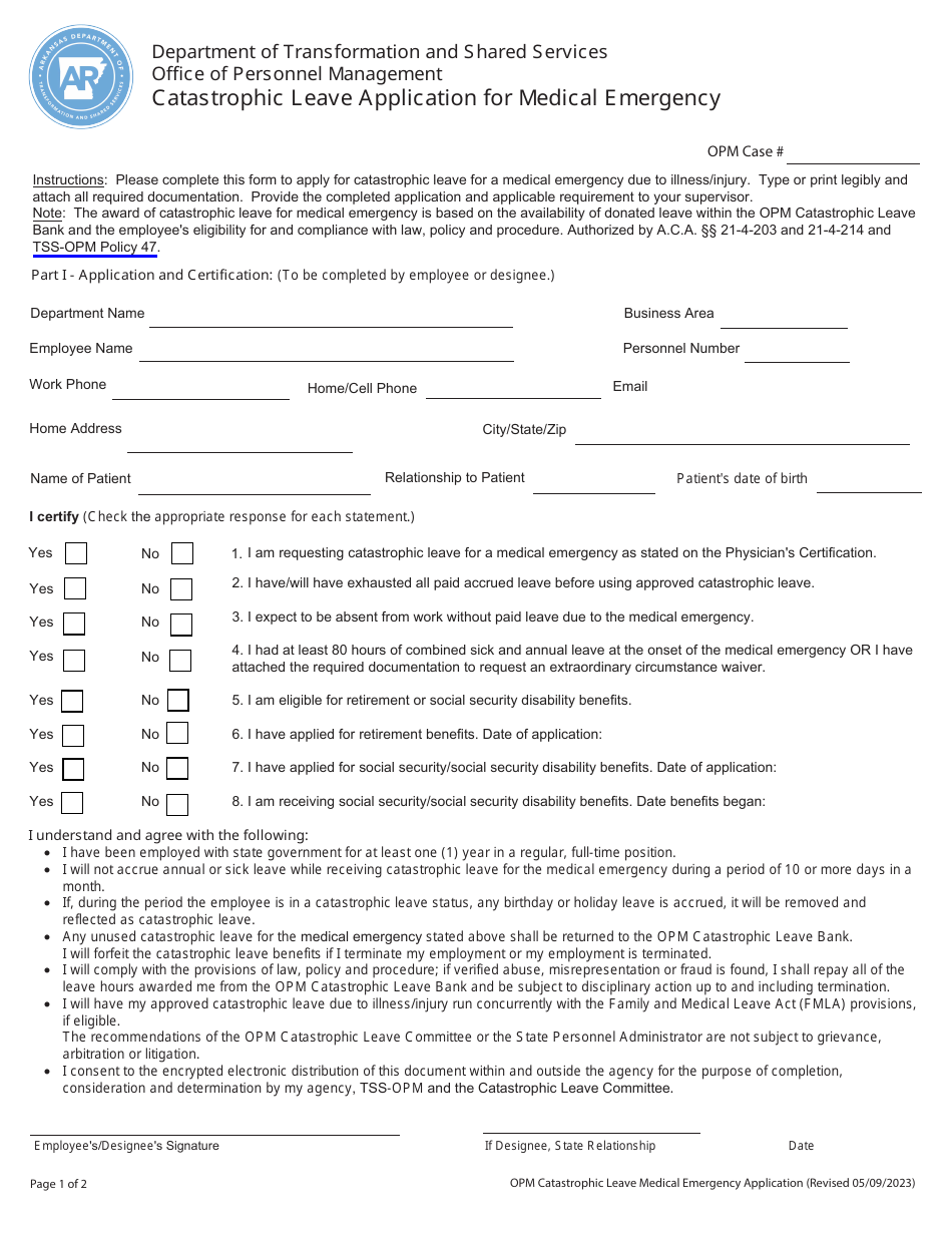 Catastrophic Leave Application for Medical Emergency - Arkansas, Page 1