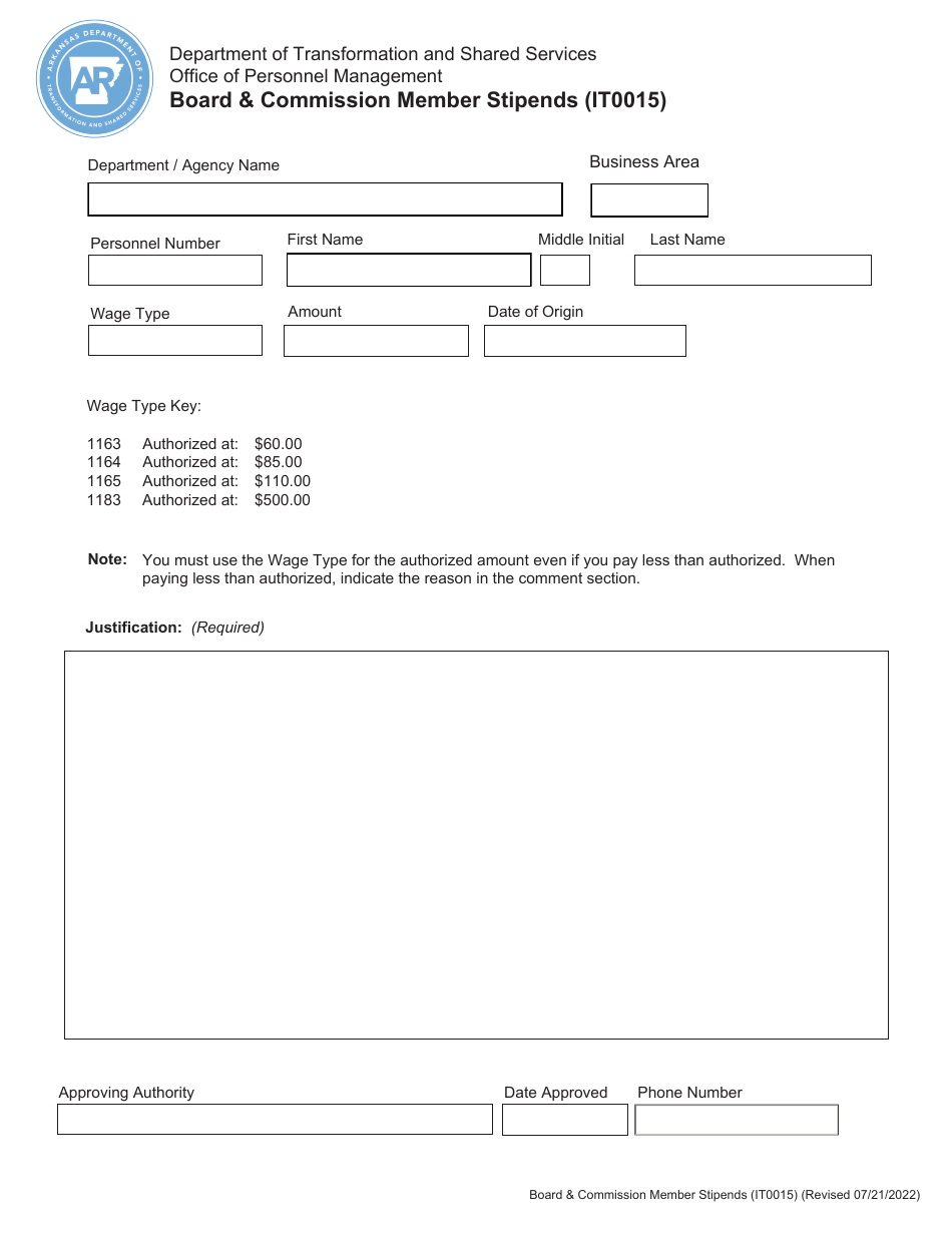 Form IT0015 Board  Commission Member Stipends - Arkansas, Page 1
