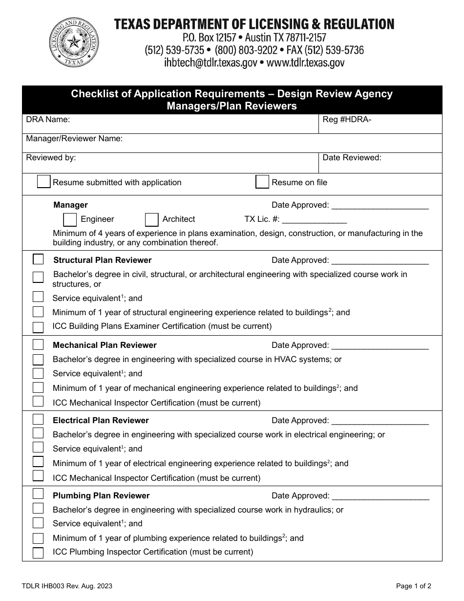 TDLR Form IHB003 Checklist of Application Requirements - Design Review Agency Managers / Plan Reviewers - Texas, Page 1