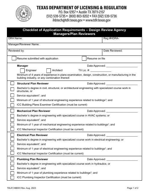 TDLR Form IHB003 Checklist of Application Requirements - Design Review Agency Managers/Plan Reviewers - Texas