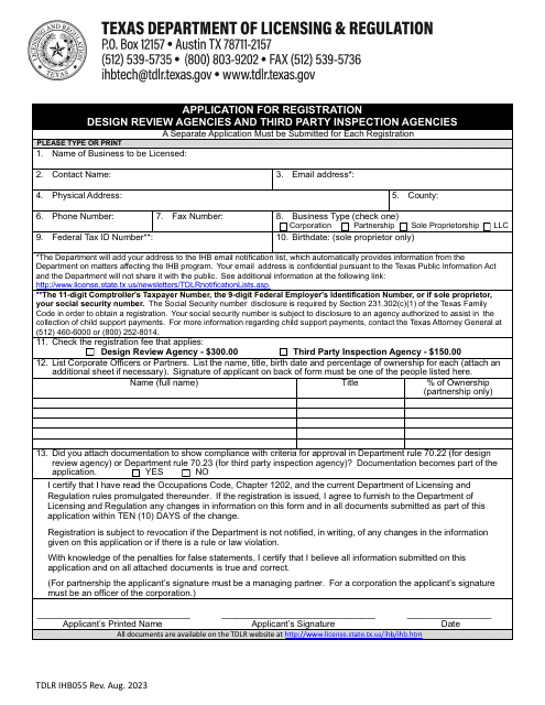 TDLR Form IHB055 Application for Registration Design Review Agencies and Third Party Inspection Agencies - Texas