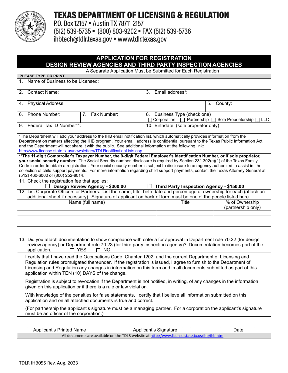 TDLR Form IHB055 - Fill Out, Sign Online and Download Fillable PDF ...