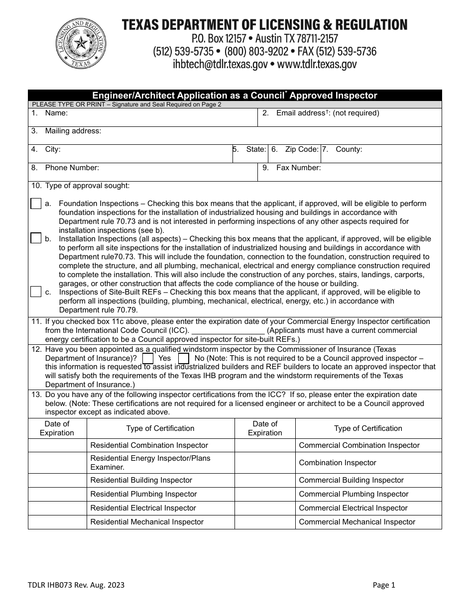 TDLR Form IHB073 Engineer / Architect Application as a Council Approved Inspector - Texas, Page 1