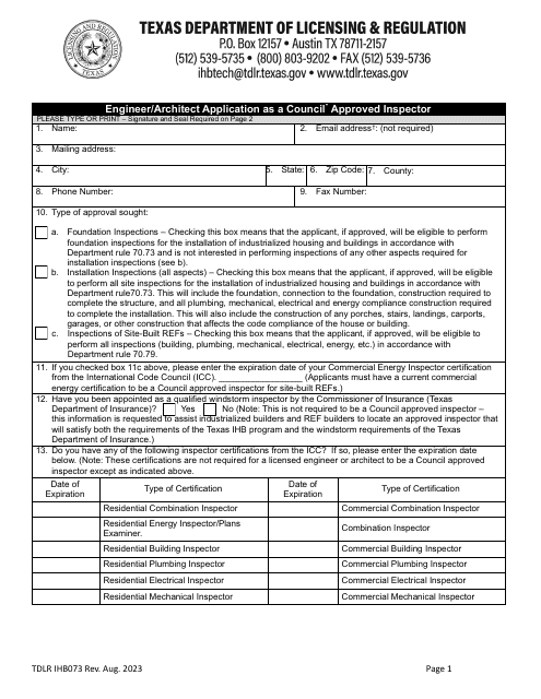 TDLR Form IHB073 Engineer/Architect Application as a Council Approved Inspector - Texas