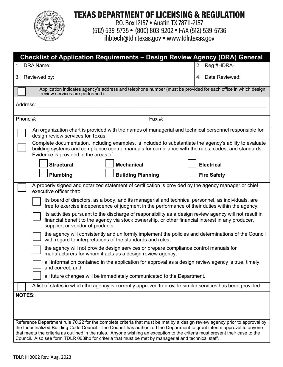 TDLR Form IHB002 Checklist of Application Requirements - Design Review Agency (Dra) General - Texas, Page 1