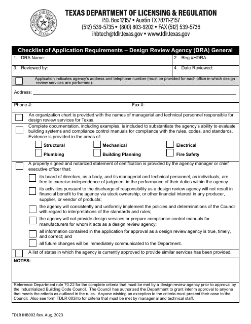 TDLR Form IHB002 Checklist of Application Requirements - Design Review Agency (Dra) General - Texas
