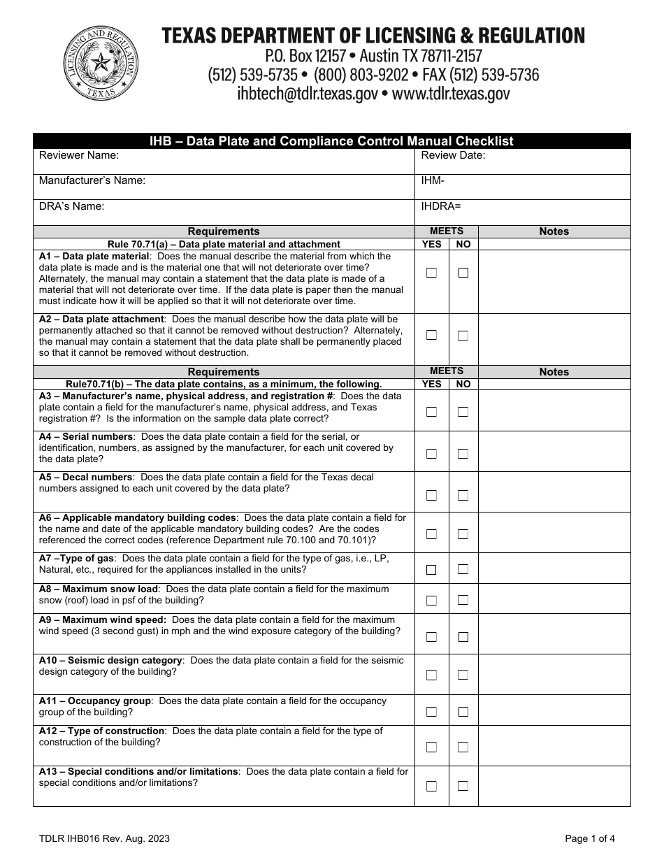 TDLR Form IHB016 Ihb - Data Plate and Compliance Control Manual Checklist - Texas, Page 1