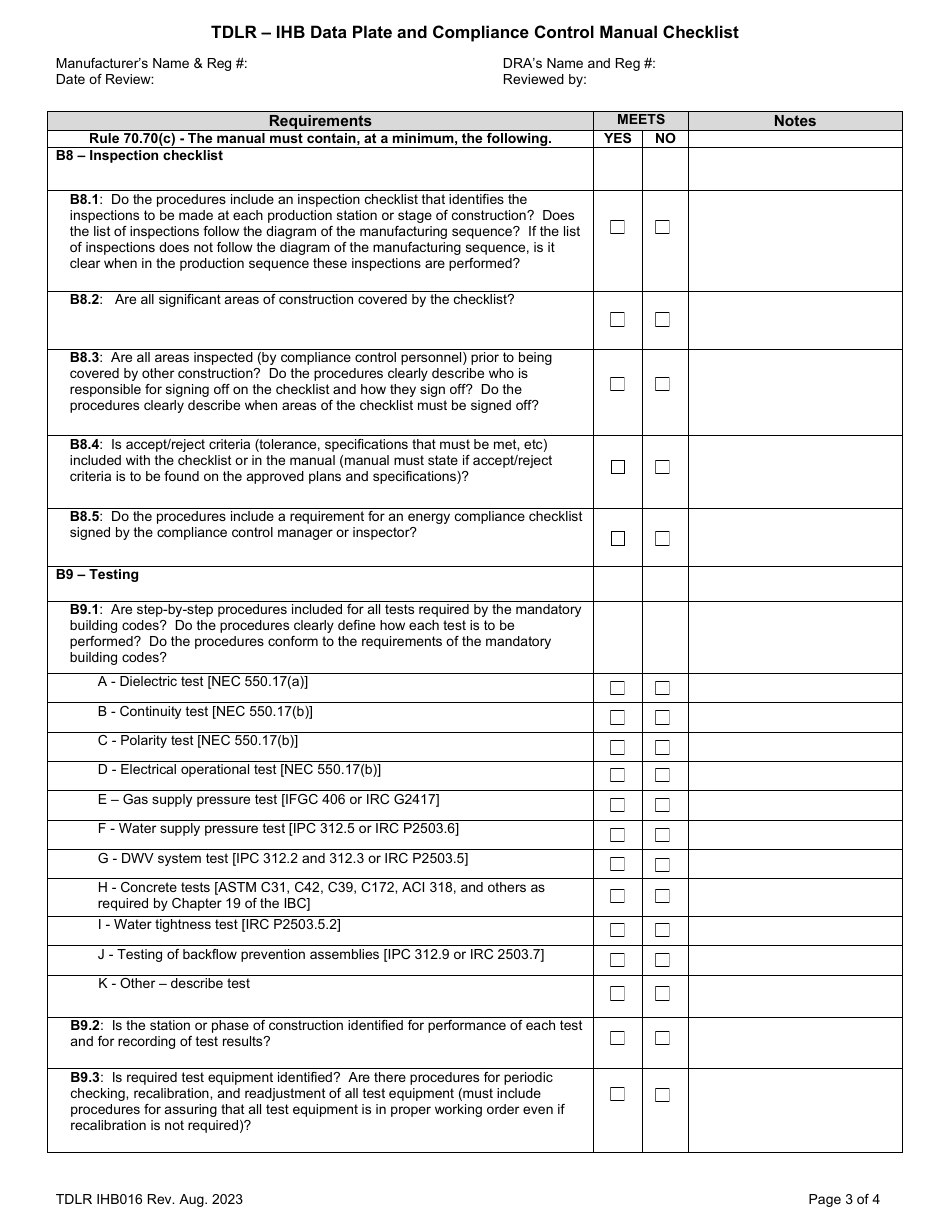 TDLR Form IHB016 Ihb - Data Plate and Compliance Control Manual Checklist - Texas, Page 3