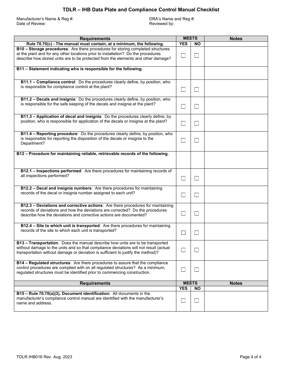 Tdlr Form Ihb016 - Fill Out, Sign Online And Download Fillable Pdf 