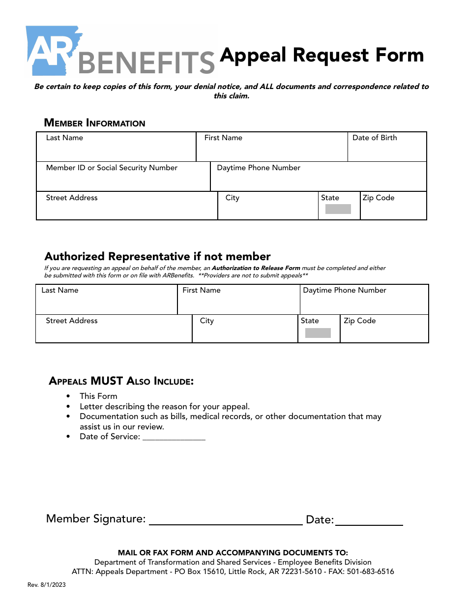 Appeal Request Form - Arkansas, Page 1