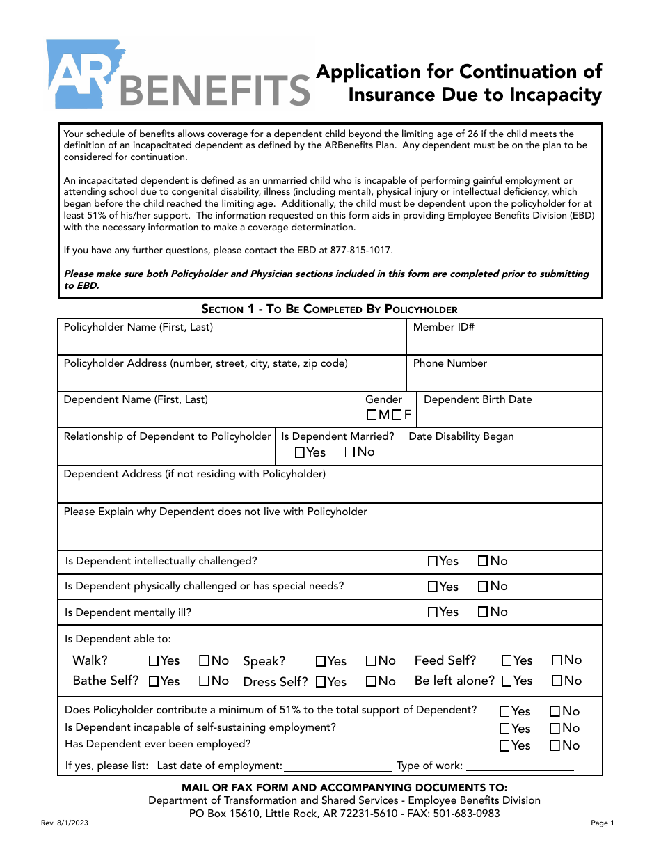 Application for Continuation of Insurance Due to Incapacity - Arkansas, Page 1