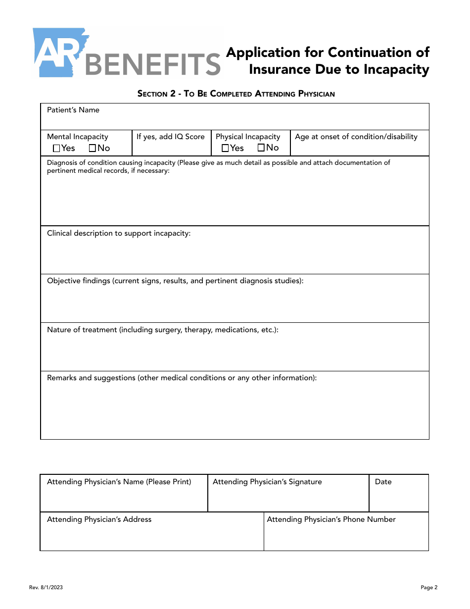 Application for Continuation of Insurance Due to Incapacity - Arkansas, Page 2