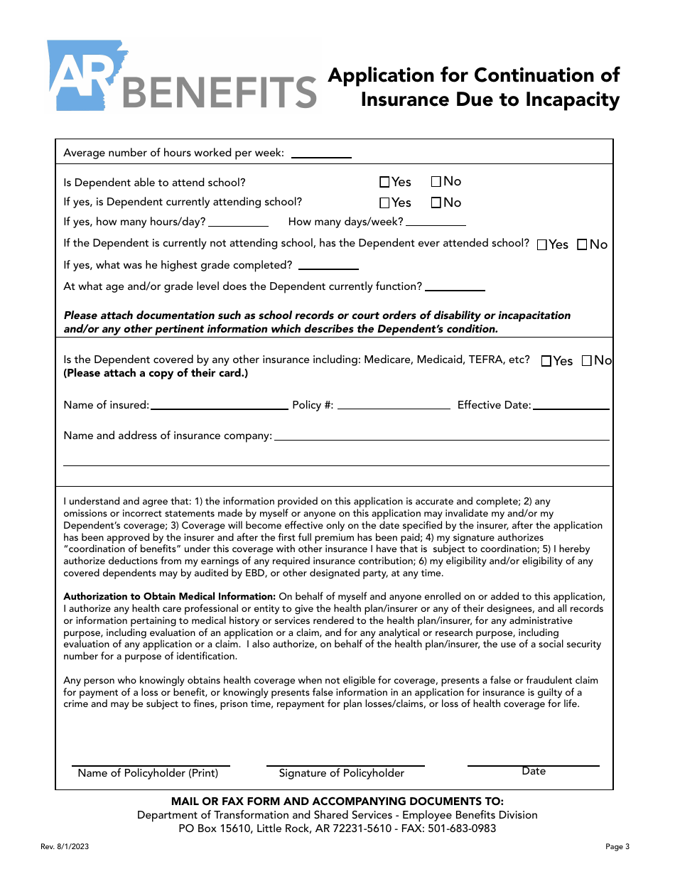 Application for Continuation of Insurance Due to Incapacity - Arkansas, Page 3