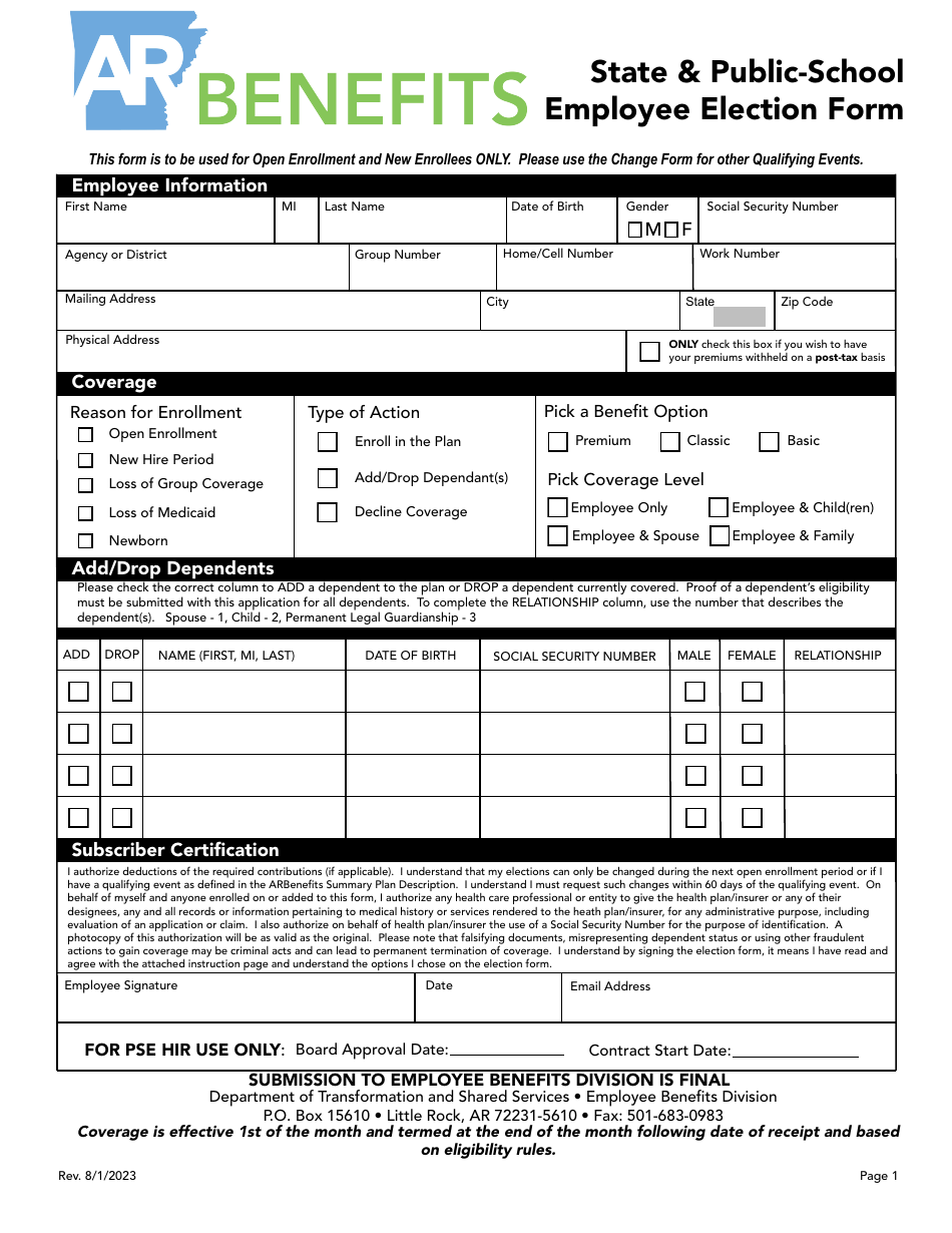 Arkansas State & PublicSchool Employee Election Form Fill Out, Sign Online and Download PDF