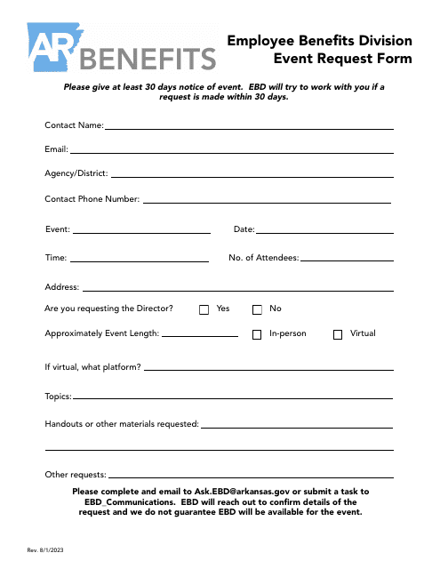Employee Benefits Division Event Request Form - Arkansas