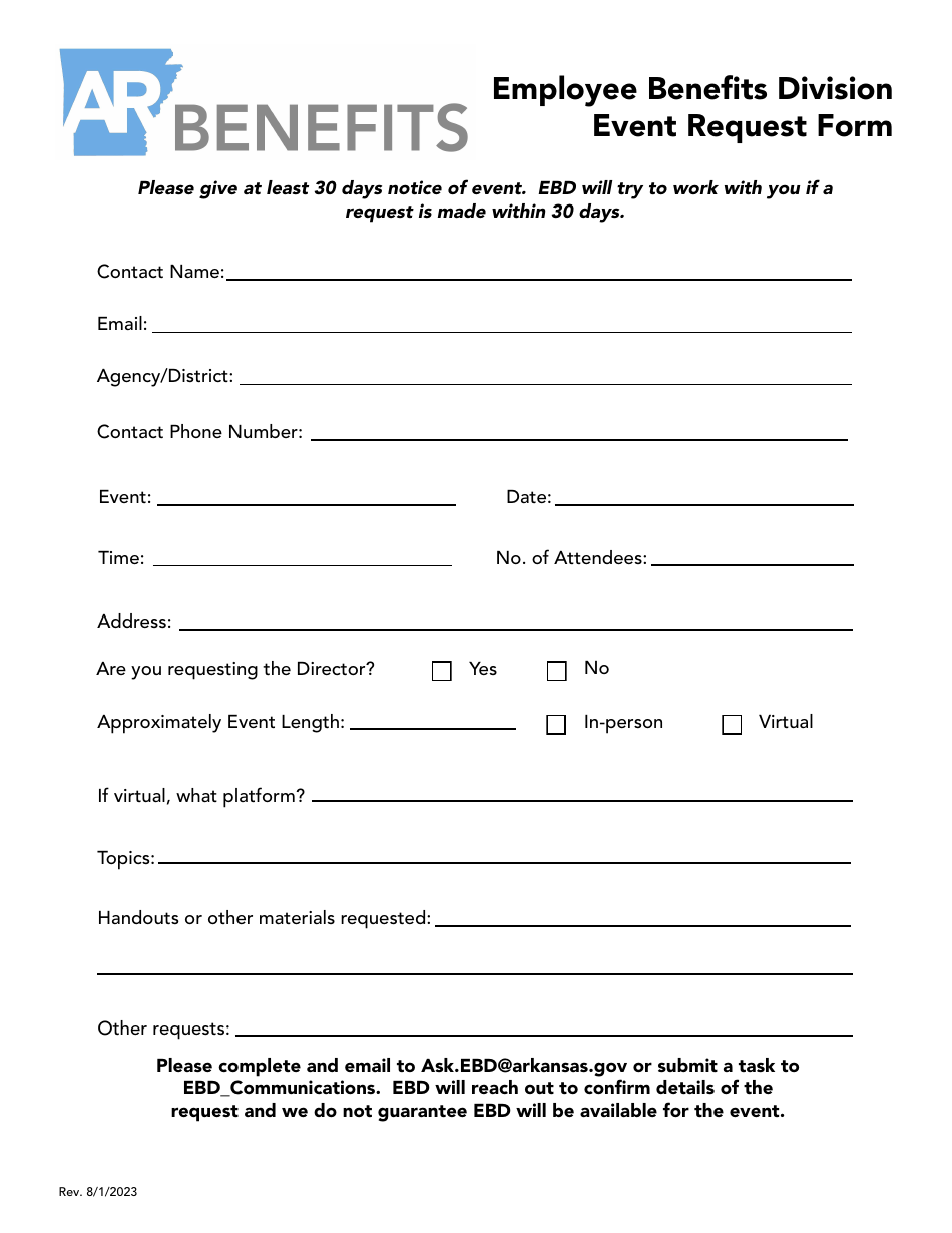 Employee Benefits Division Event Request Form - Arkansas, Page 1
