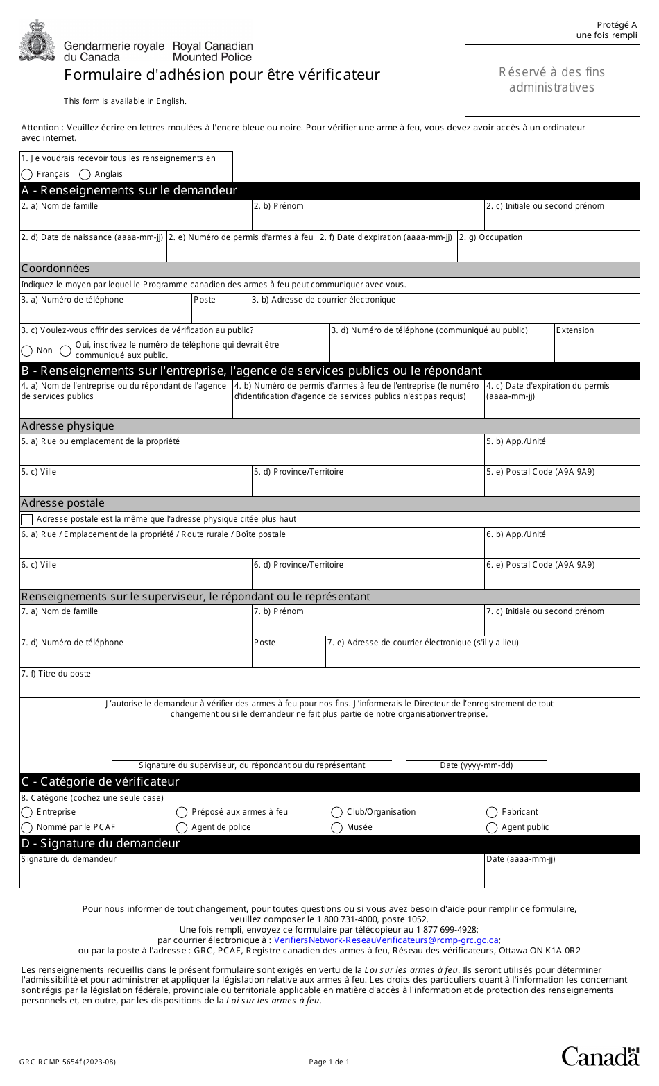 Forme GRC RCMP5654 Formulaire Dadhesion Pour Etre Verificateur - Canada (French), Page 1
