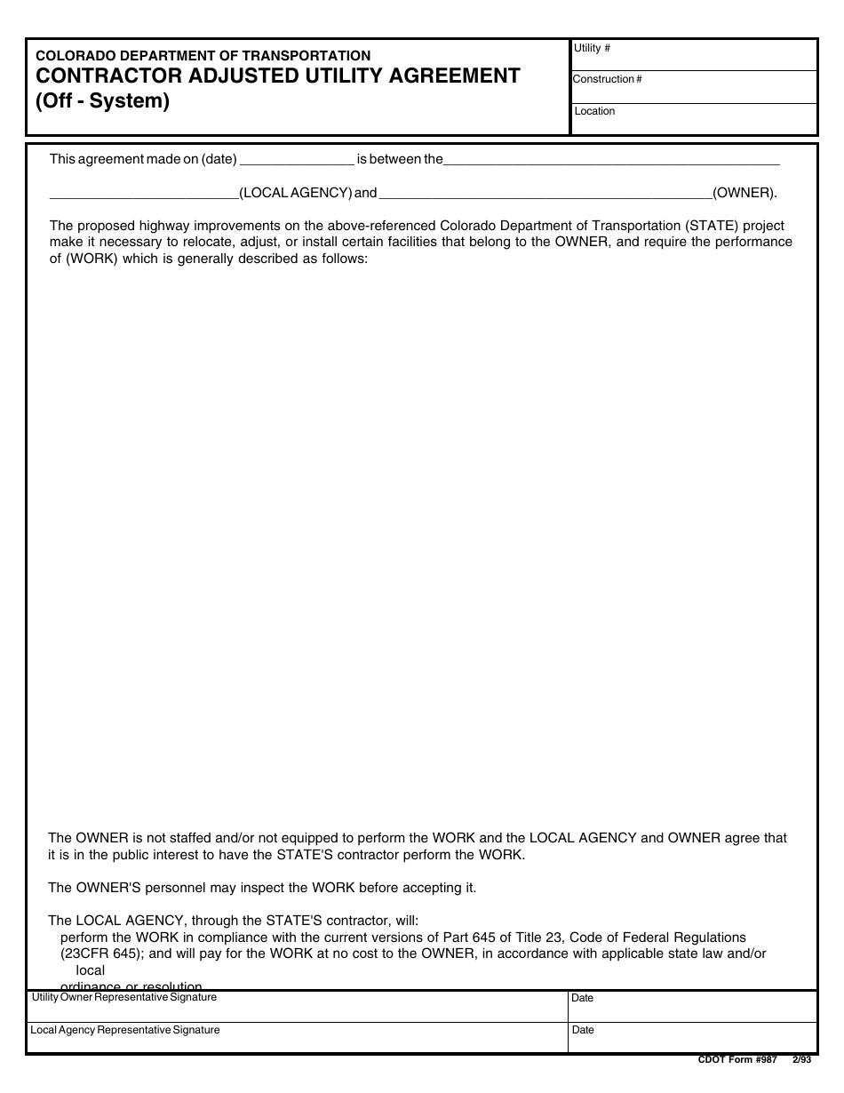 CDOT Form 987 Contractor Adjusted Utility Agreement (Off - System) - Colorado, Page 1