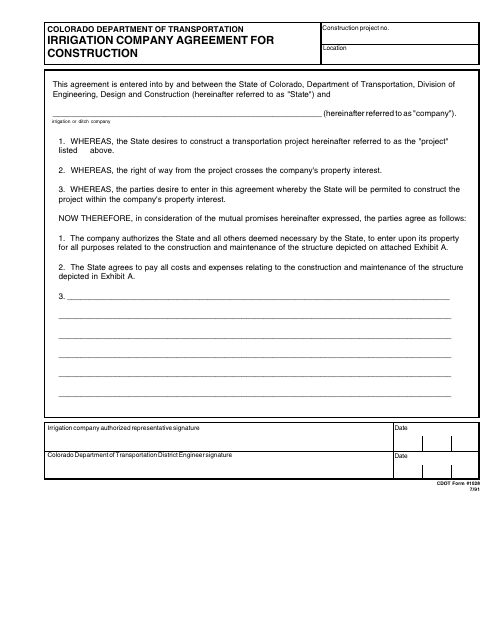 CDOT Form 1028 Irrigation Company Agreement for Construction - Colorado