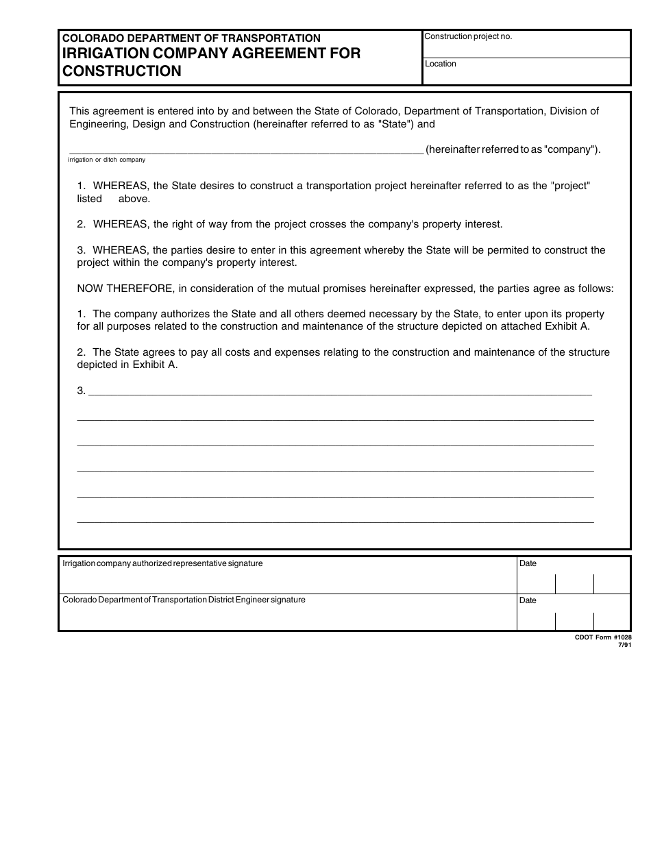 CDOT Form 1028 Irrigation Company Agreement for Construction - Colorado, Page 1