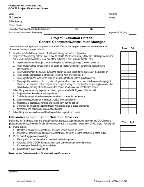Gc/Cm Project Evaluation Sheet - Washington
