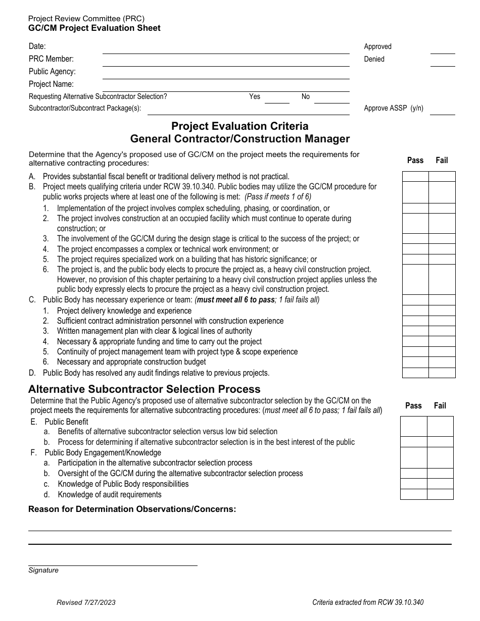 Gc / Cm Project Evaluation Sheet - Washington, Page 1