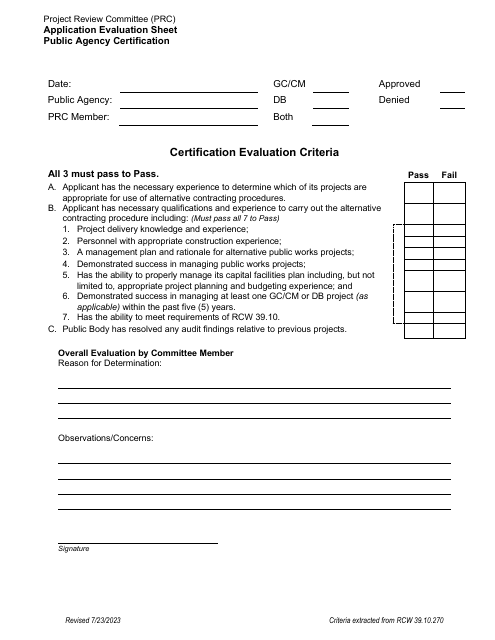 Application Evaluation Sheet - Public Agency Certification - Washington