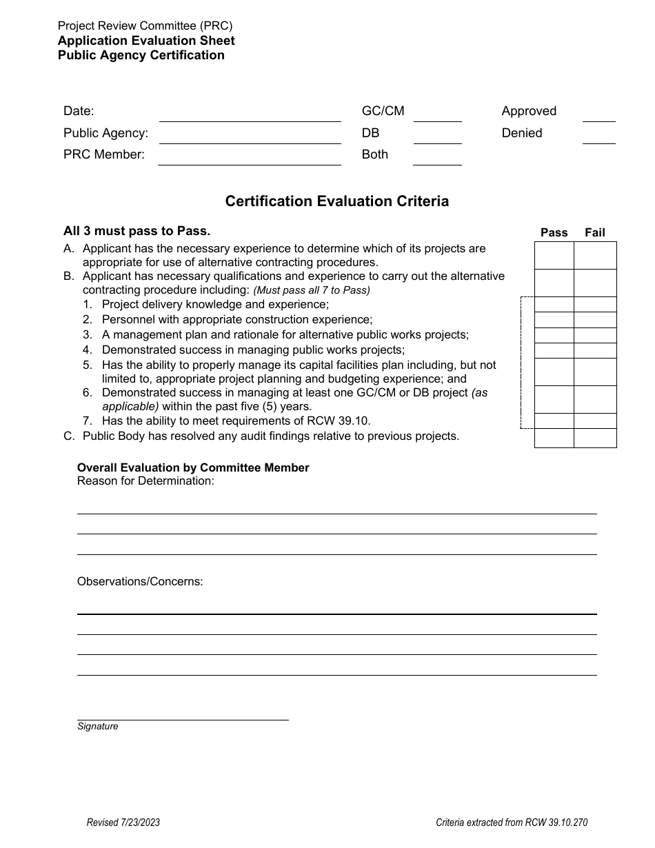 Application Evaluation Sheet - Public Agency Certification - Washington, Page 1