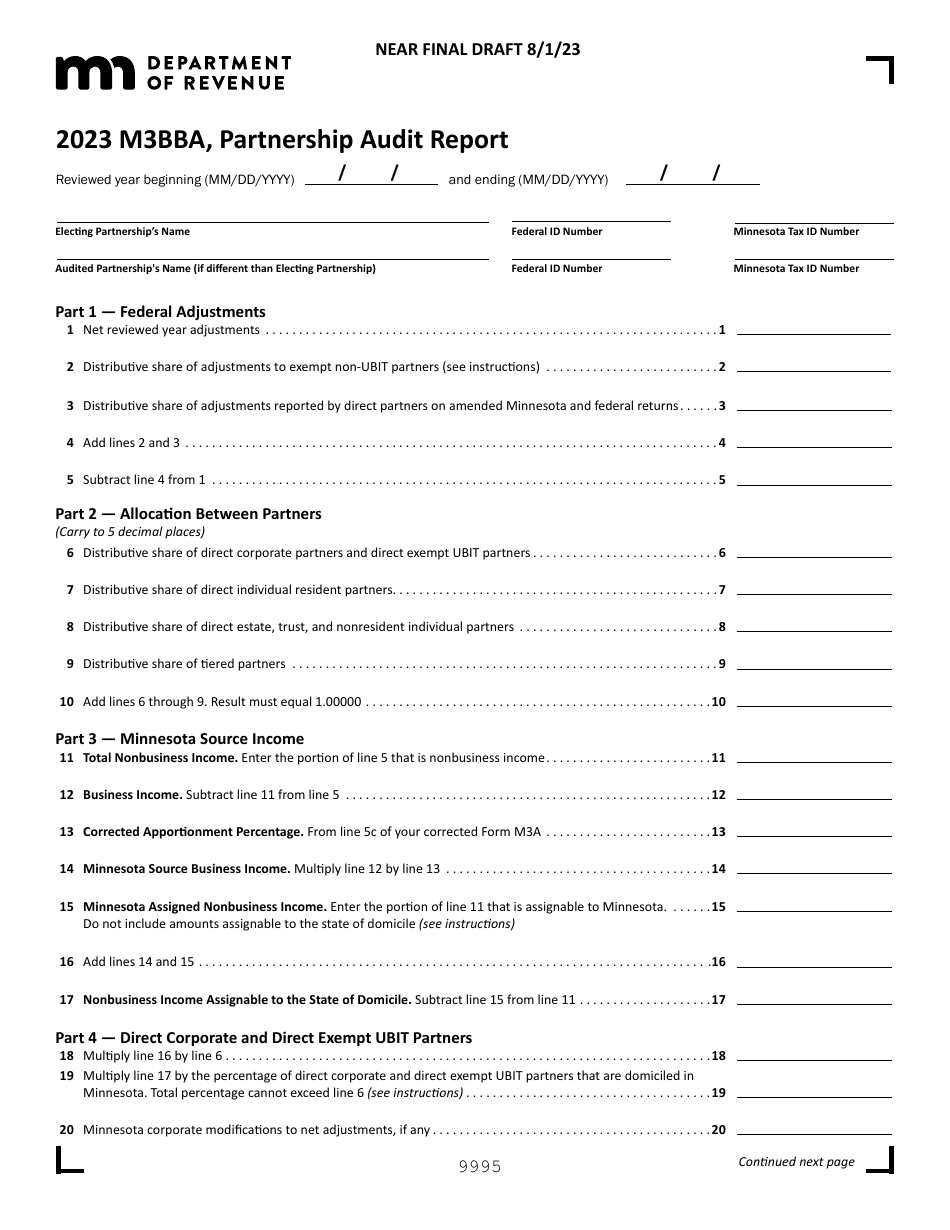 Form M3BBA Partnership Audit Report - Draft - Minnesota, Page 1