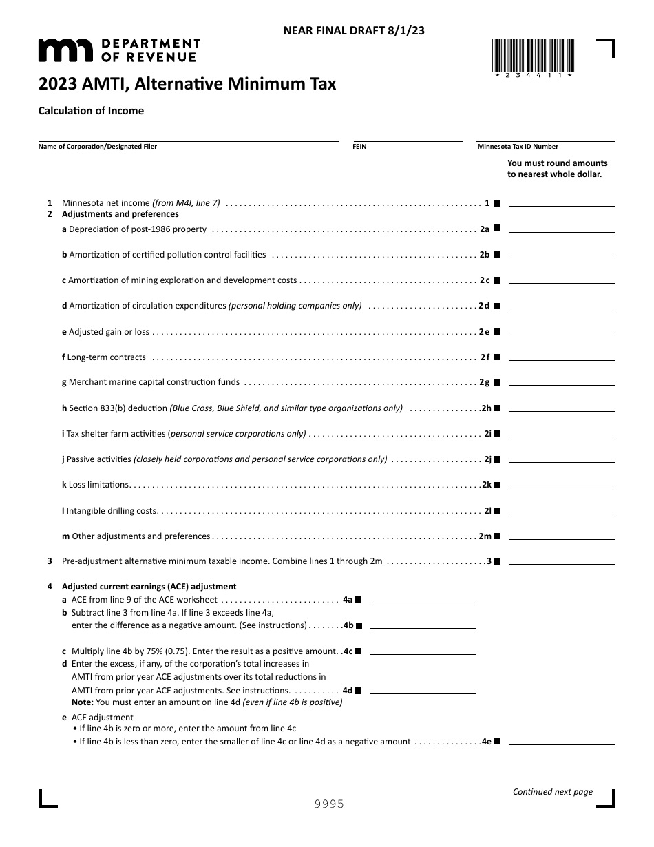 Form AMTI Alternative Minimum Tax - Draft - Minnesota, Page 1