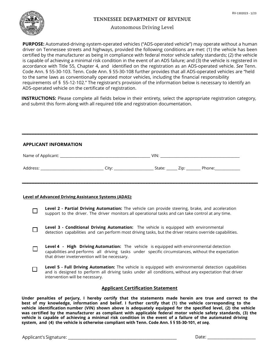 Form RV-1302023 Autonomous Driving Level - Tennessee, Page 1