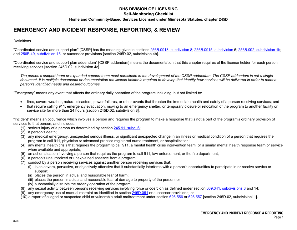 Form DHS-7652E Self-monitoring Checklist - Emergency and Incident Response, Reporting,  Review - Minnesota, Page 1