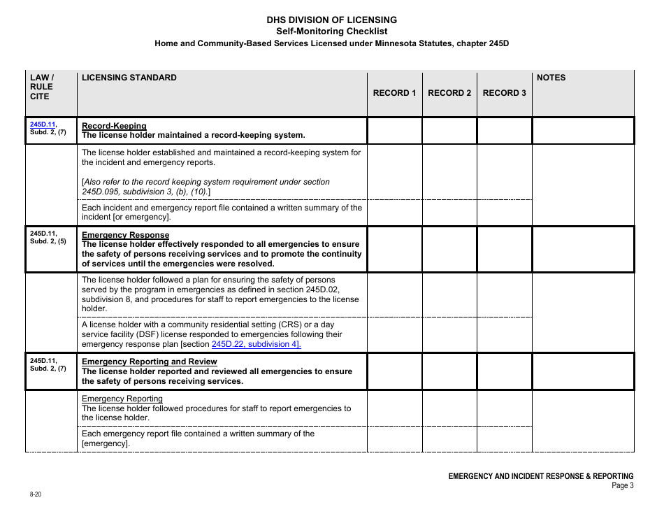 Form DHS-7652E Self-monitoring Checklist - Emergency and Incident Response, Reporting,  Review - Minnesota, Page 3