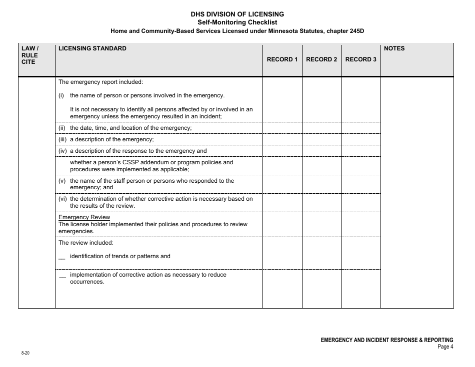 Form DHS-7652E Self-monitoring Checklist - Emergency and Incident Response, Reporting,  Review - Minnesota, Page 4