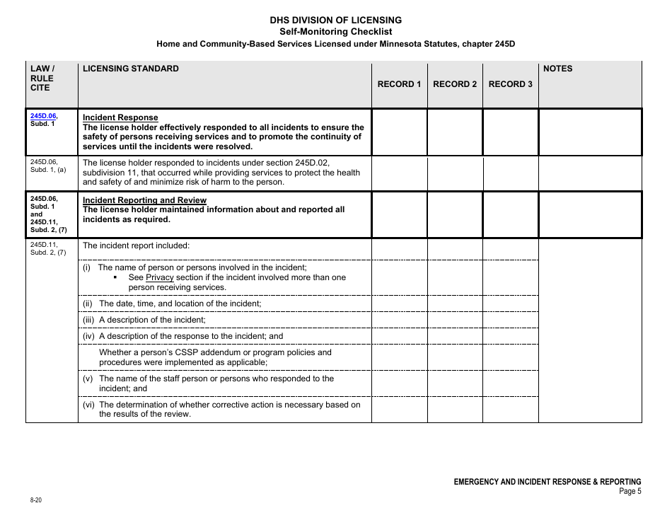 Form DHS-7652E Self-monitoring Checklist - Emergency and Incident Response, Reporting,  Review - Minnesota, Page 5