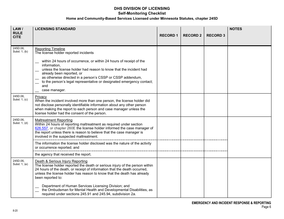 Form DHS-7652E Self-monitoring Checklist - Emergency and Incident Response, Reporting,  Review - Minnesota, Page 6