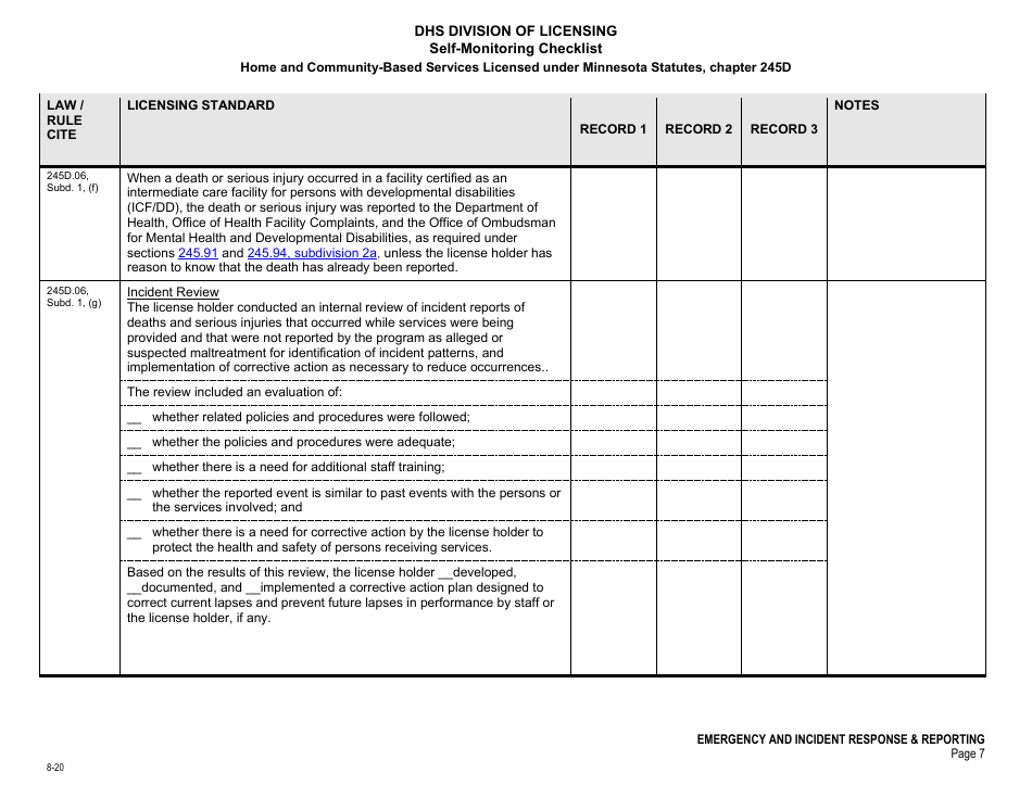 Form DHS-7652E Self-monitoring Checklist - Emergency and Incident Response, Reporting,  Review - Minnesota, Page 7