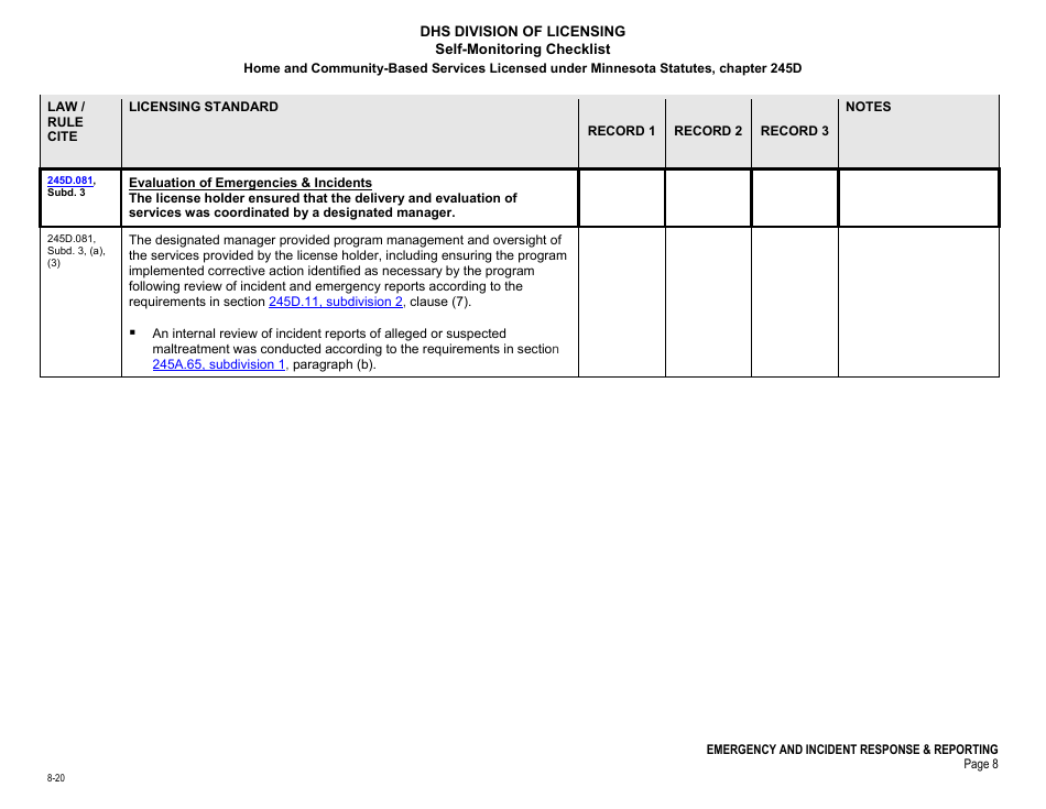 Form DHS-7652E Self-monitoring Checklist - Emergency and Incident Response, Reporting,  Review - Minnesota, Page 8