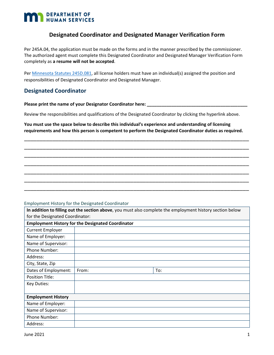 Designated Coordinator and Designated Manager Verification Form - Minnesota, Page 1