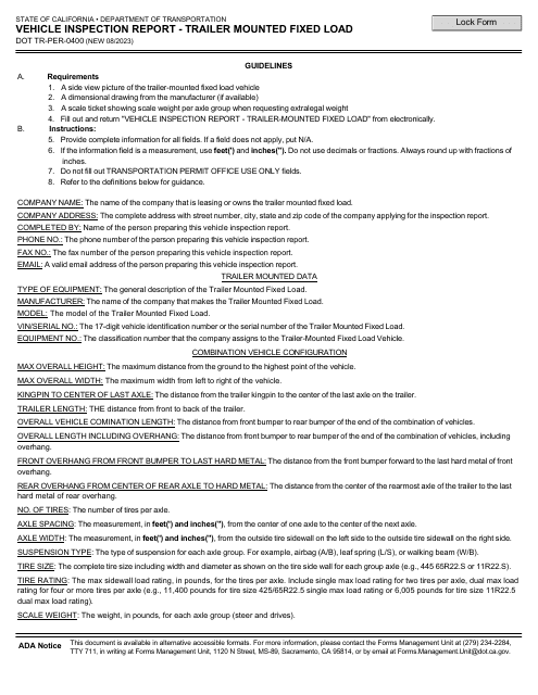 Form DOT TR-PER-0400  Printable Pdf