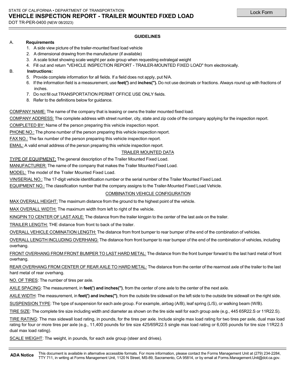 Form DOT TR-PER-0400 Vehicle Inspection Report - Trailer Mounted Fixed Load - California, Page 1