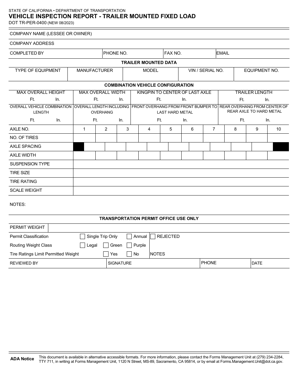 Form DOT TR-PER-0400 Vehicle Inspection Report - Trailer Mounted Fixed Load - California, Page 2
