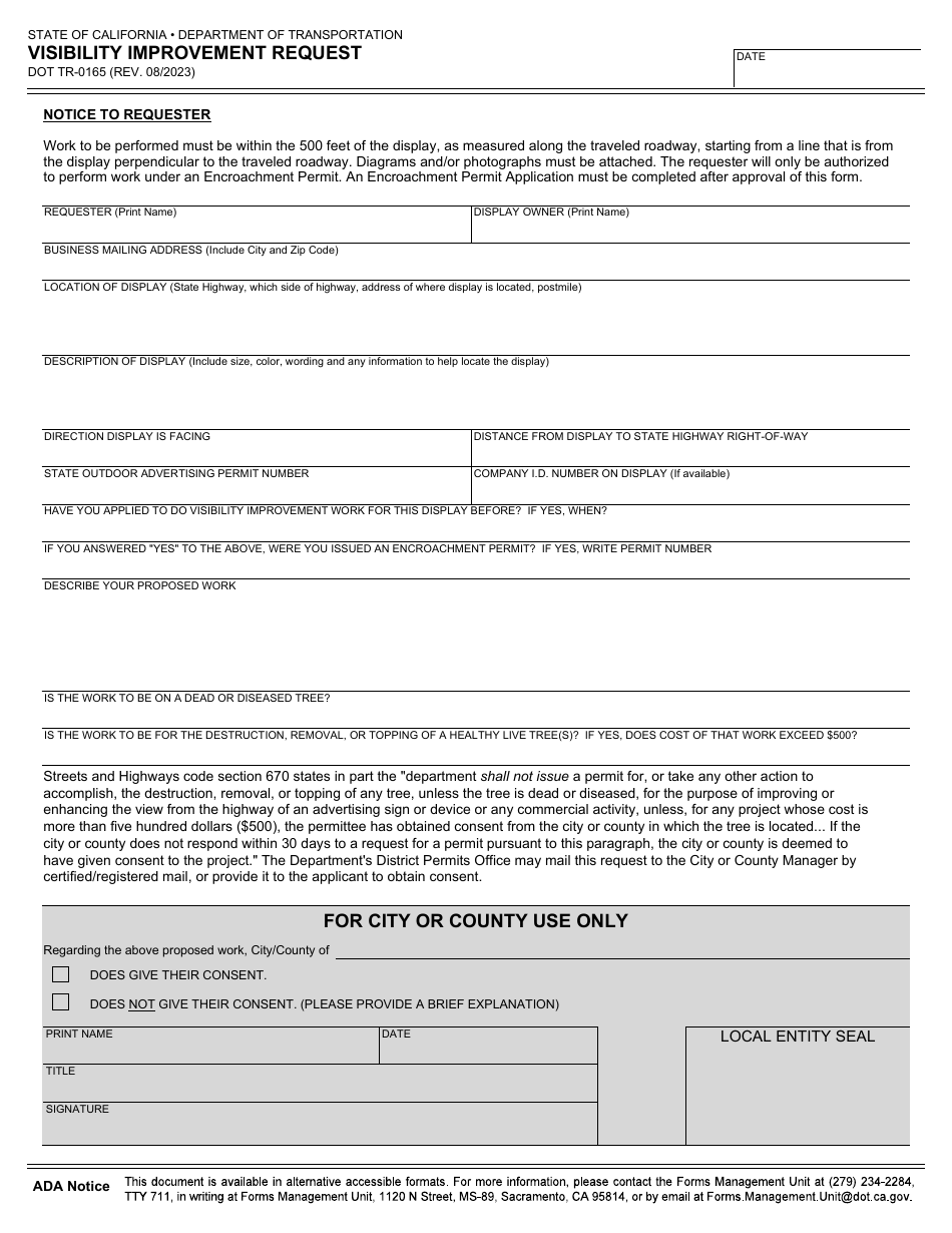 Form DOT TR-0165 Visibility Improvement Request - California, Page 1
