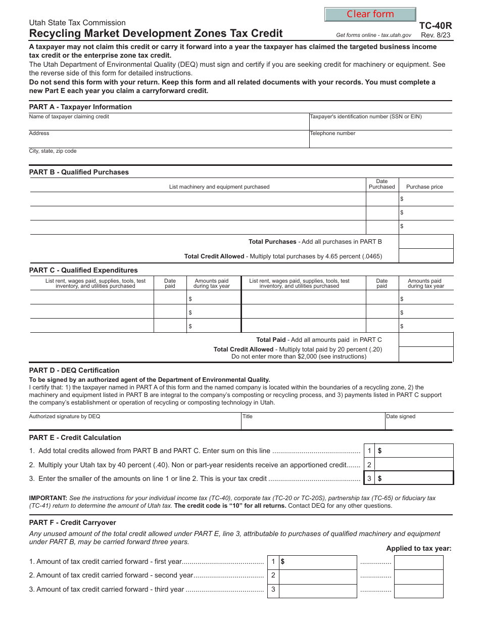 Form TC-40R Recycling Market Development Zones Tax Credit - Utah, Page 1